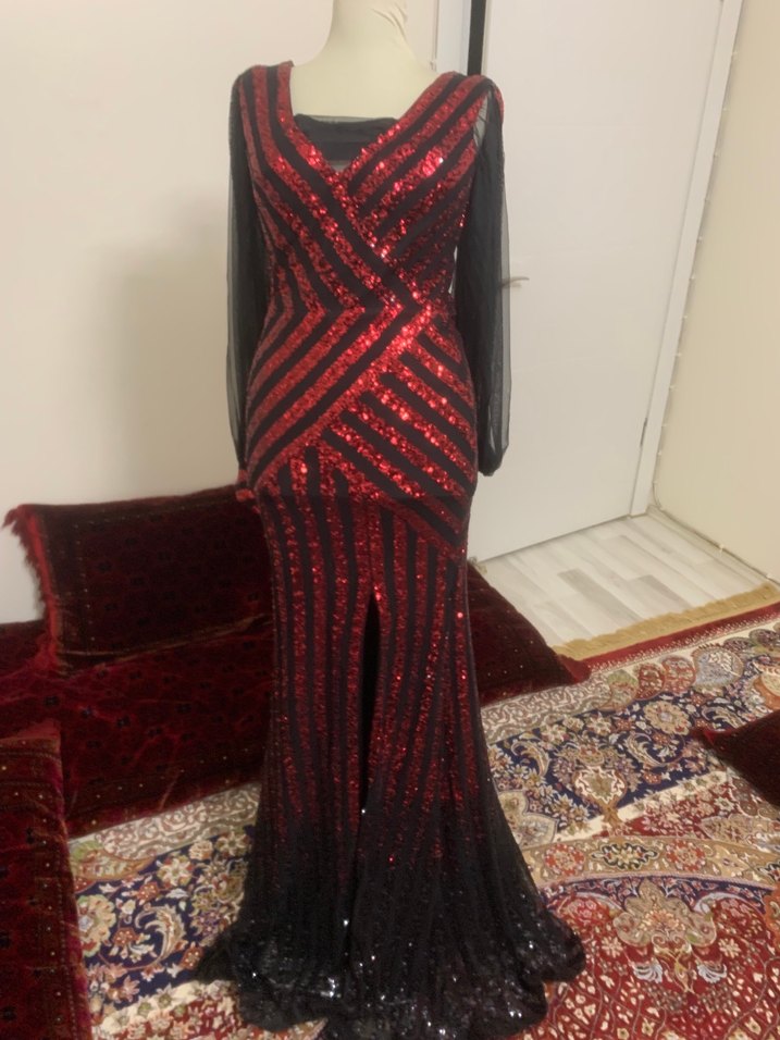 Bordo V Yaka Uzun Kollu Kadın Abiye Elbise - Görsel 2