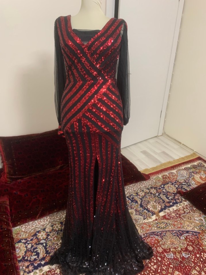 Bordo V Yaka Uzun Kollu Kadın Abiye Elbise - Görsel 3