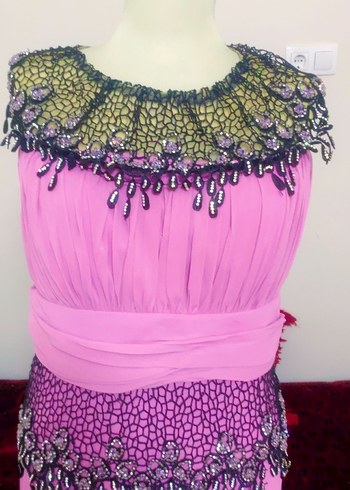 Pembe Straplez Nakışlı Uzun Abiye Elbise - Görsel 3