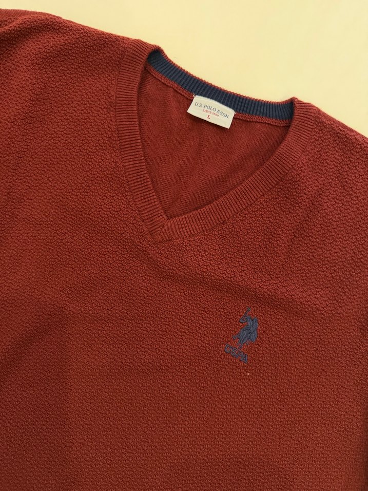 Bordo Erkek Triko V Yakalı Kazak Us Polo - Görsel 3