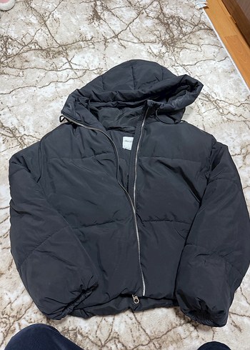 Gri Kadın Puff Mont, Salaş Kesim, Yüksek Yaka - Görsel 4