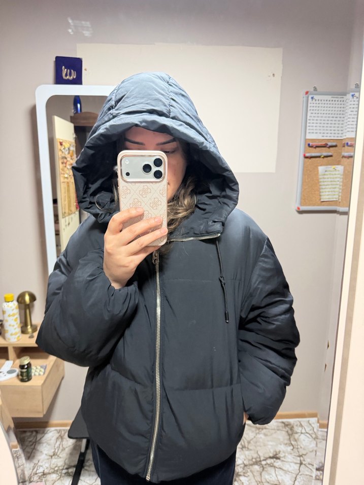 Gri Kadın Puff Mont, Salaş Kesim, Yüksek Yaka - Görsel 2