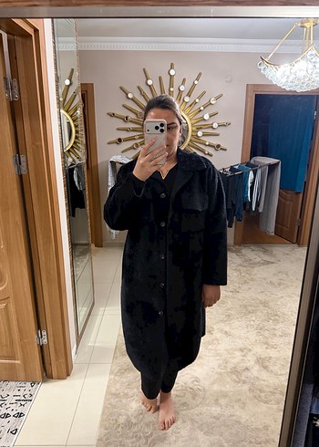 Siyah Peluş Uzun Kadın Kaban - Görsel 2