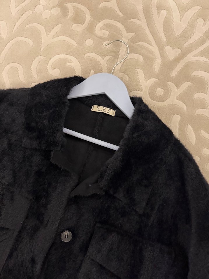 Siyah Peluş Uzun Kadın Kaban - Görsel 4