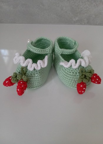 Nakışlı Örgü Yeşil Yenidoğan Kız Bebek Patik - Görsel 4