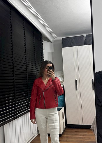 Kırmızı Parlak Deri Biker Ceket - Görsel 4