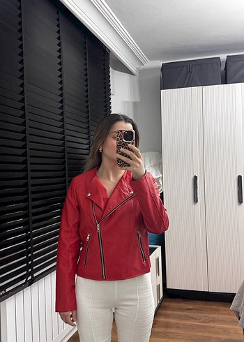 Kırmızı Parlak Deri Biker Ceket - Görsel 3