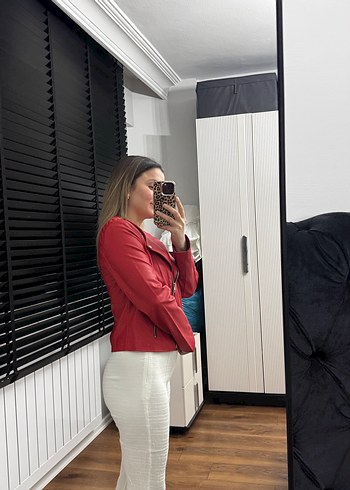 Kırmızı Parlak Deri Biker Ceket - Görsel 6