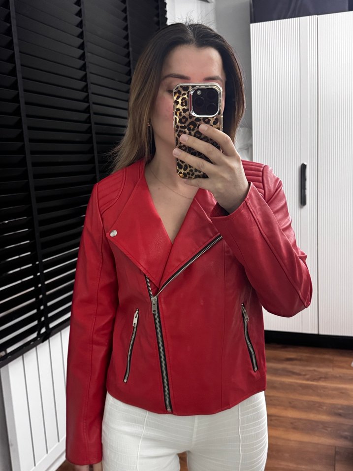 Kırmızı Parlak Deri Biker Ceket - Görsel 5