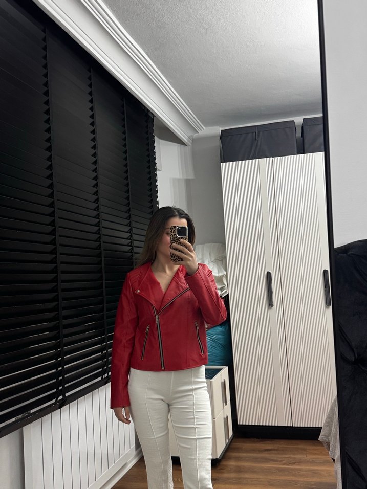 Kırmızı Parlak Deri Biker Ceket - Görsel 4