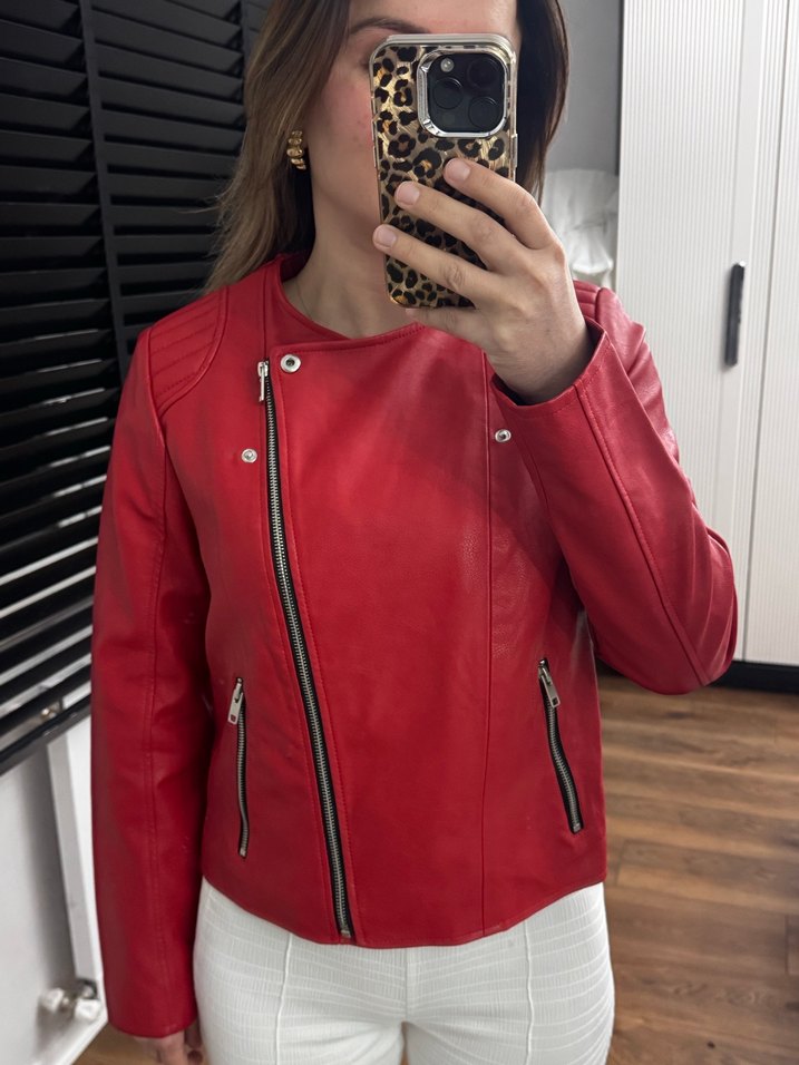 Kırmızı Parlak Deri Biker Ceket - Görsel 2