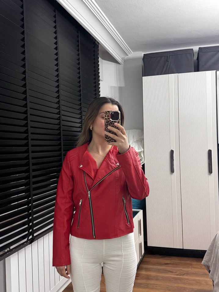 Kırmızı Parlak Deri Biker Ceket - Görsel 3