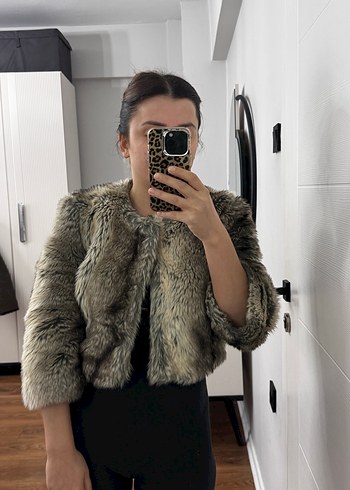 Gri Leopar Desenli Kadın Kürk Ceket - Görsel 2