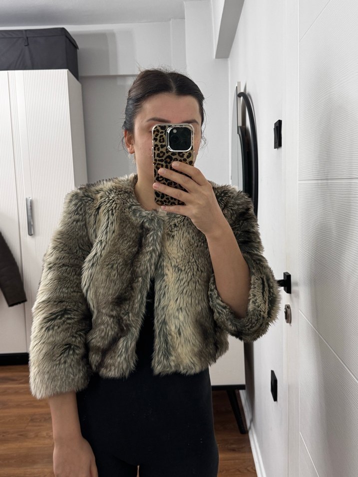 Gri Leopar Desenli Kadın Kürk Ceket - Görsel 2