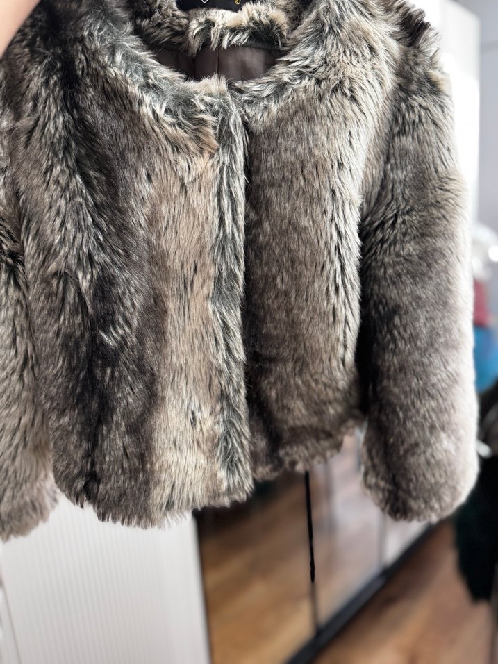 Gri Leopar Desenli Kadın Kürk Ceket - Görsel 5