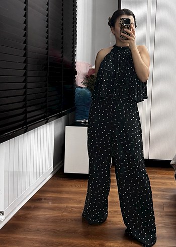 Kadın Siyah Puantiyeli Pilili Uzun Tulum - Görsel 4