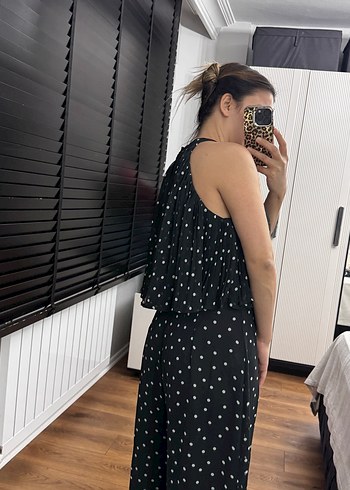 Kadın Siyah Puantiyeli Pilili Uzun Tulum - Görsel 6