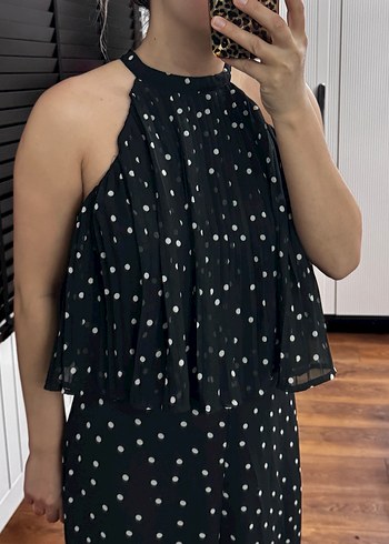 Kadın Siyah Puantiyeli Pilili Uzun Tulum - Görsel 2