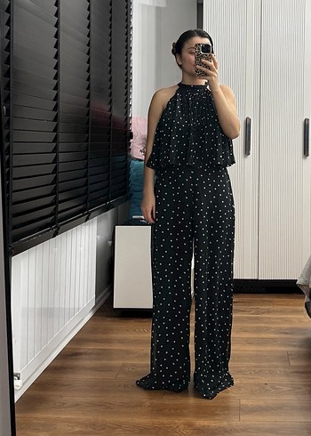 Kadın Siyah Puantiyeli Pilili Uzun Tulum - Görsel 5