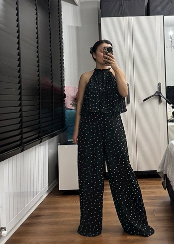 Kadın Siyah Puantiyeli Pilili Uzun Tulum - Görsel 3