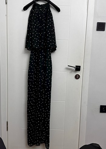 Kadın Siyah Puantiyeli Pilili Uzun Tulum - Görsel 8
