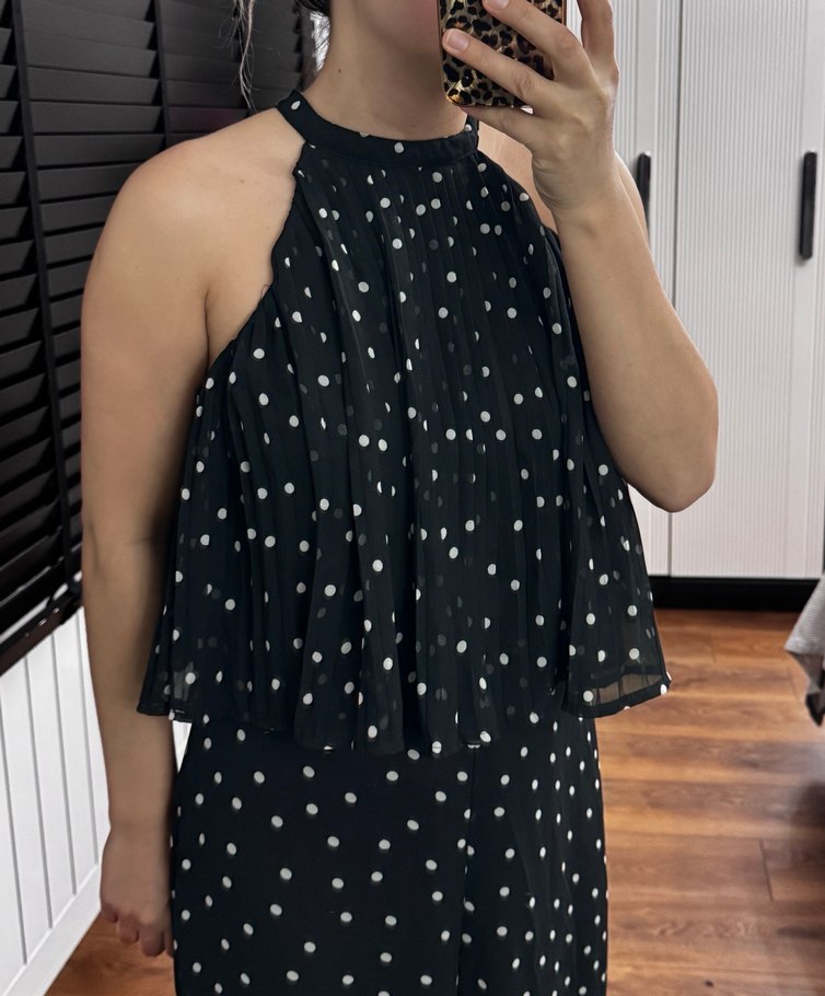 Kadın Siyah Puantiyeli Pilili Uzun Tulum - Görsel 2