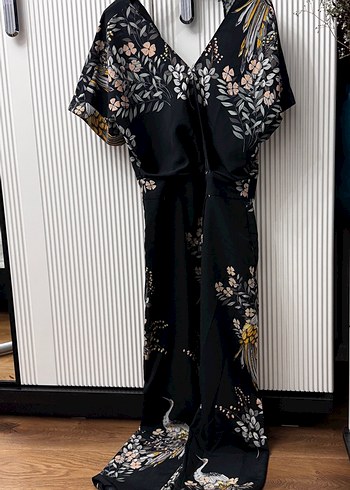 Siyah Desenli V Yakalı Midi Tulum - Görsel 7