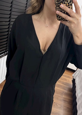 Kadın Siyah V Yakalı Rahat Tulum - Görsel 7