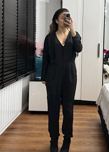 Kadın Siyah V Yakalı Rahat Tulum - Görsel 6