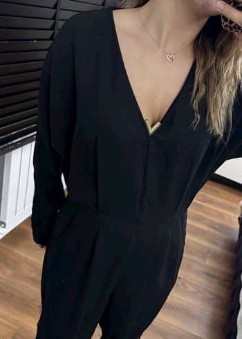 Kadın Siyah V Yakalı Rahat Tulum - Görsel 3