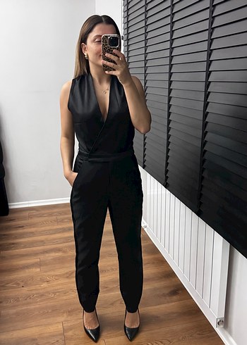 Kadın Siyah Deri V Yakalı Tulum - Görsel 2