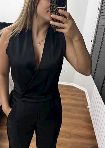 Kadın Siyah Deri V Yakalı Tulum - Görsel 5