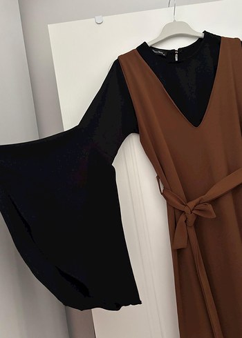 Kadın Kahverengi V Yakalı Uzun Elbise - Görsel 4