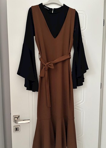 Kadın Kahverengi V Yakalı Uzun Elbise - Görsel 2