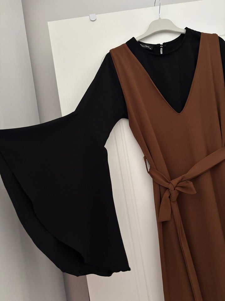 Kadın Kahverengi V Yakalı Uzun Elbise - Görsel 4