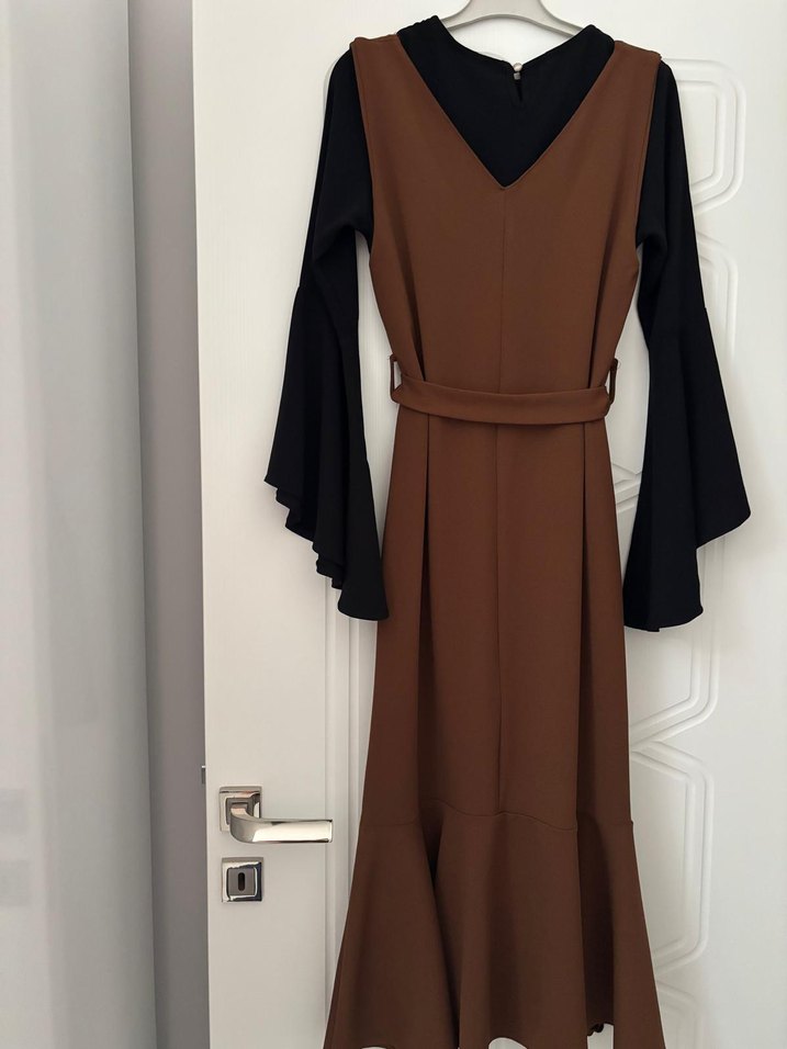 Kadın Kahverengi V Yakalı Uzun Elbise - Görsel 5