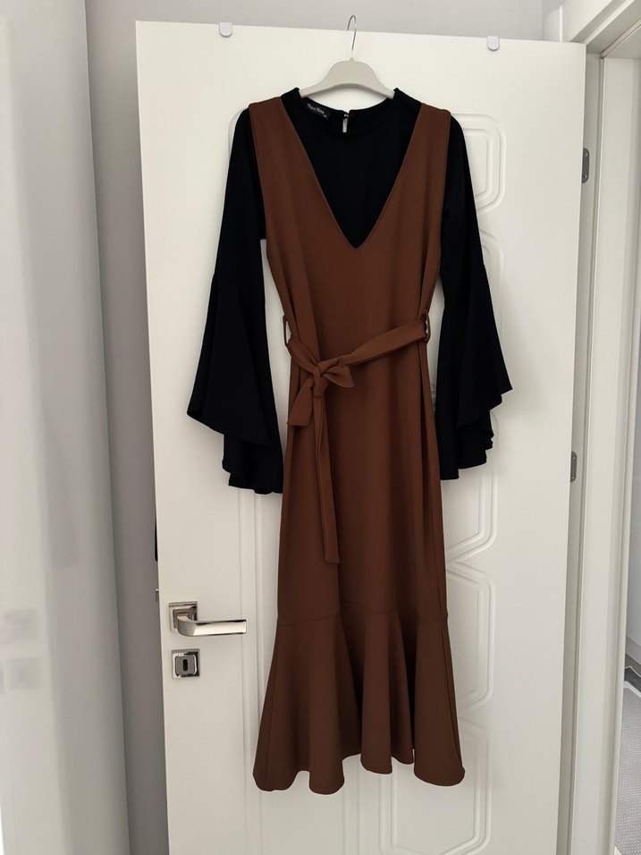 Kadın Kahverengi V Yakalı Uzun Elbise - Görsel 3