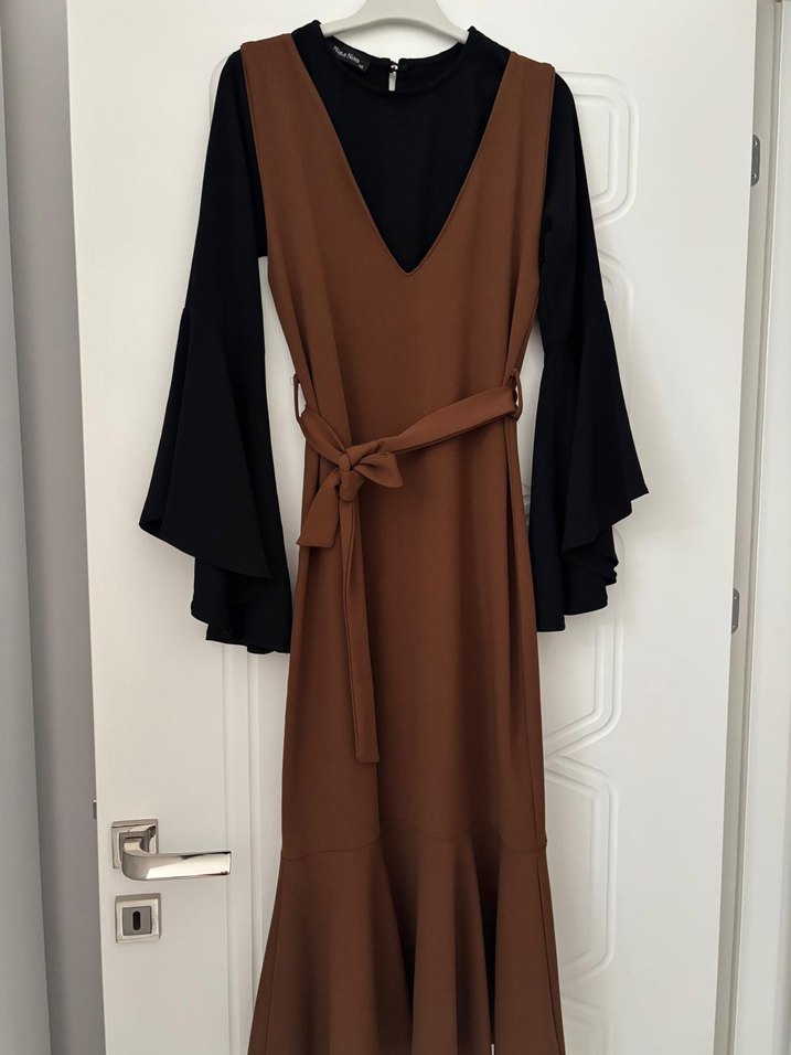 Kadın Kahverengi V Yakalı Uzun Elbise - Görsel 2