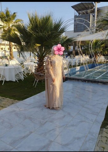 Uzun Bej İşlemeli Drapeli abiye - Görsel 3