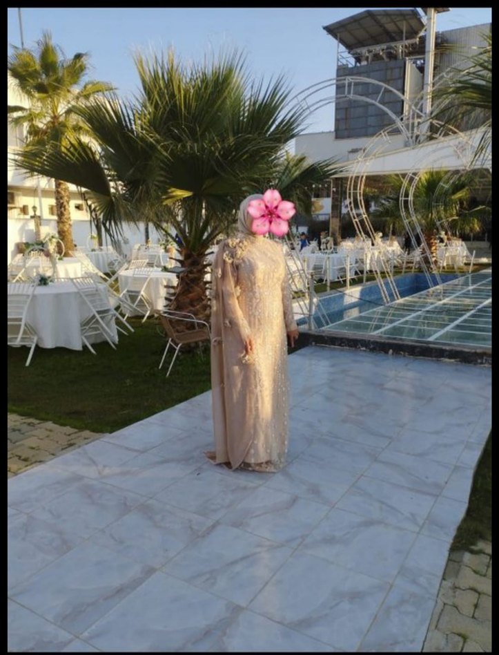 Uzun Bej İşlemeli Drapeli abiye - Görsel 3