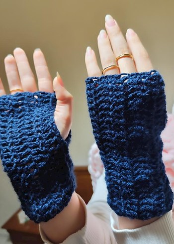 Bohem Tarzı Koyu Mavi Örgü Kadın Eldiveni - Görsel 2