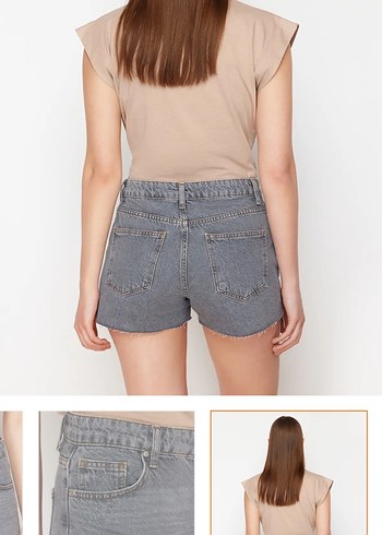 Gri Bol Kesim Kadın Kot Şort - Görsel 6