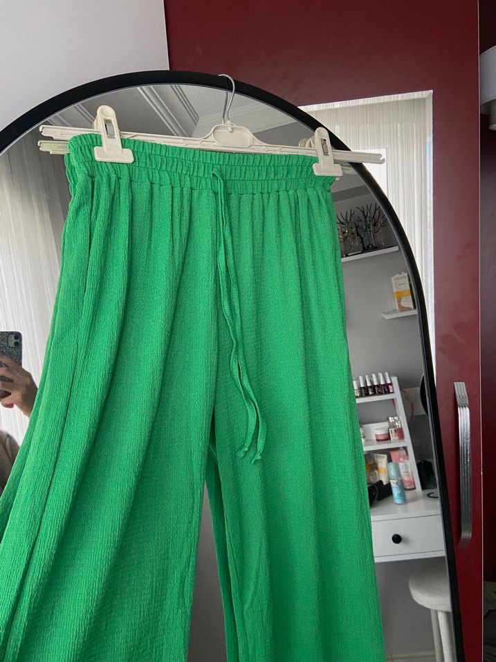 Yeşil Bol Kesim Keten Pantolon - Görsel 2