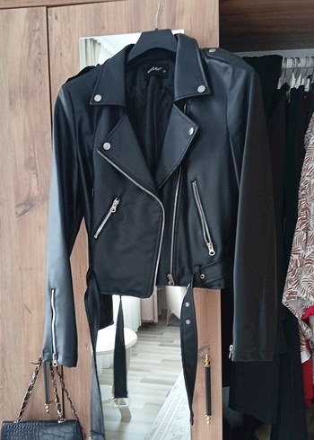 Siyah Deri Biker Ceket Kemerli - Görsel 2