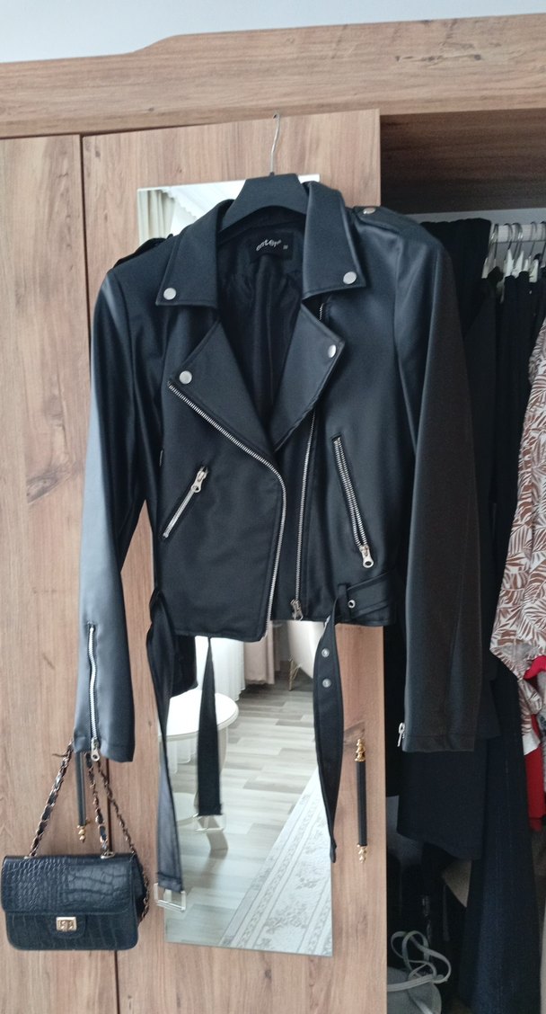 Siyah Deri Biker Ceket Kemerli - Görsel 2