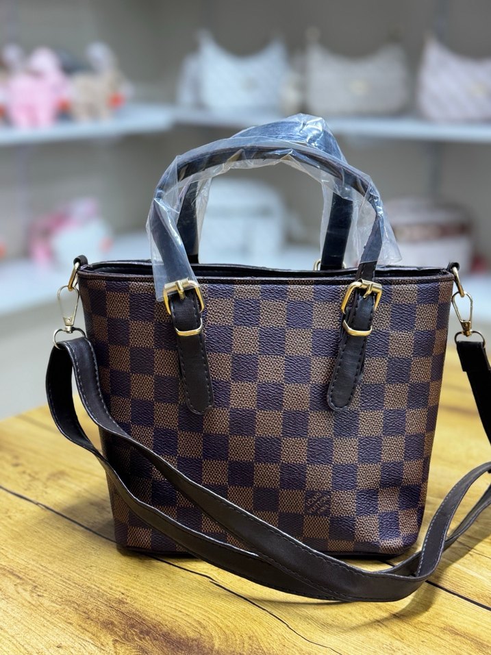 Kahverengi Kareli Deri Kadın Çanta - Görsel 5