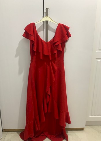 Kırmızı Volanlı Midi Abiye Elbise - Görsel 2