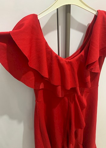 Kırmızı Volanlı Midi Abiye Elbise - Görsel 3