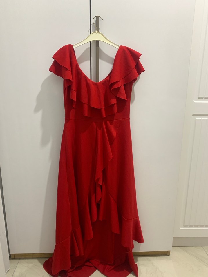 Kırmızı Volanlı Midi Abiye Elbise - Görsel 2