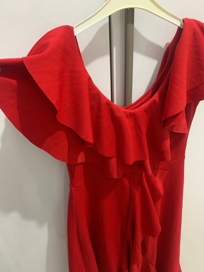 Kırmızı Volanlı Midi Abiye Elbise - Görsel 3